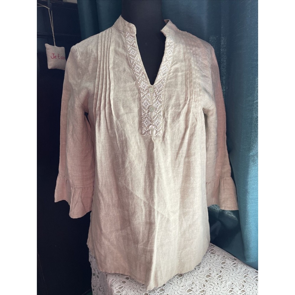 Neiman Marcus Beige 100% Linen Embroidery Sz S